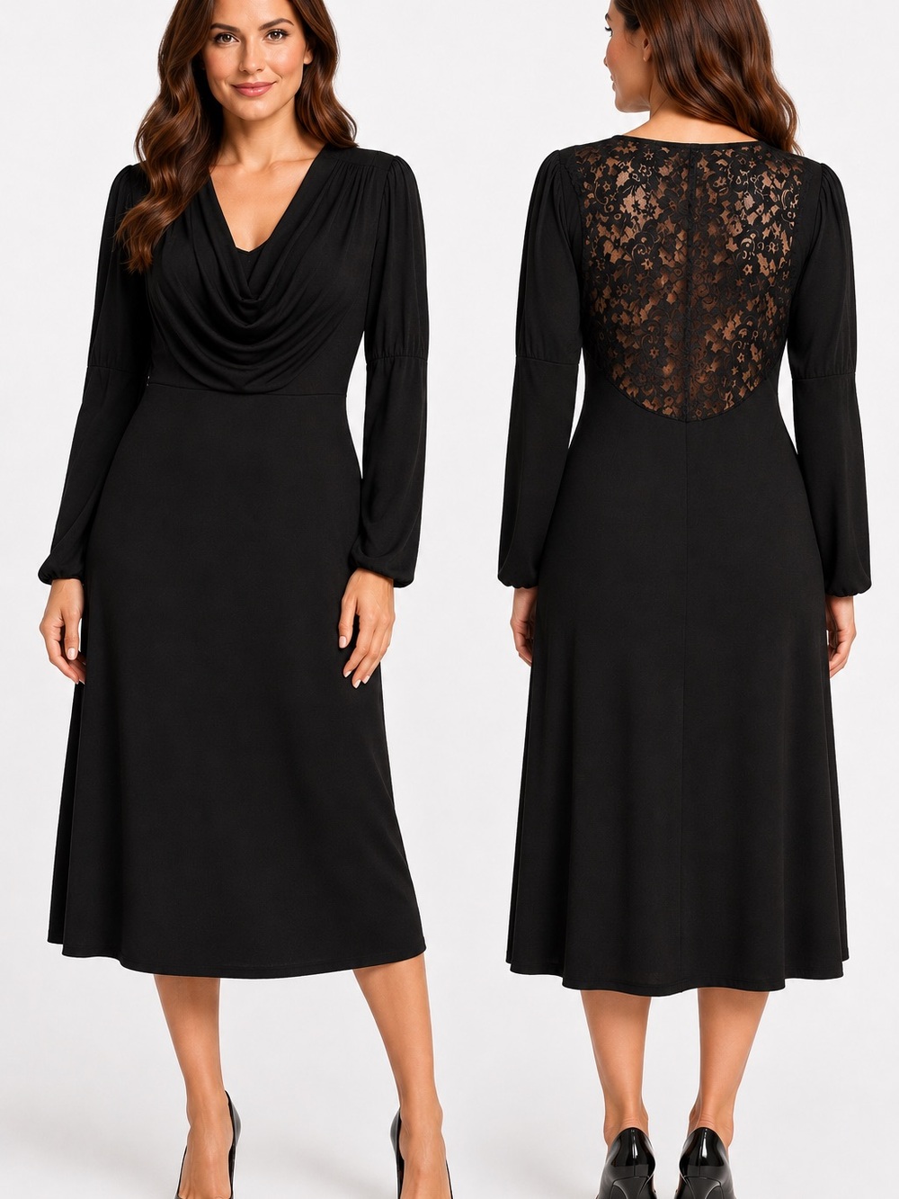 NEW Vertigo Paris Black Lacy Back Jersey Knit Long Sleeve Midi Dress sz Medium
